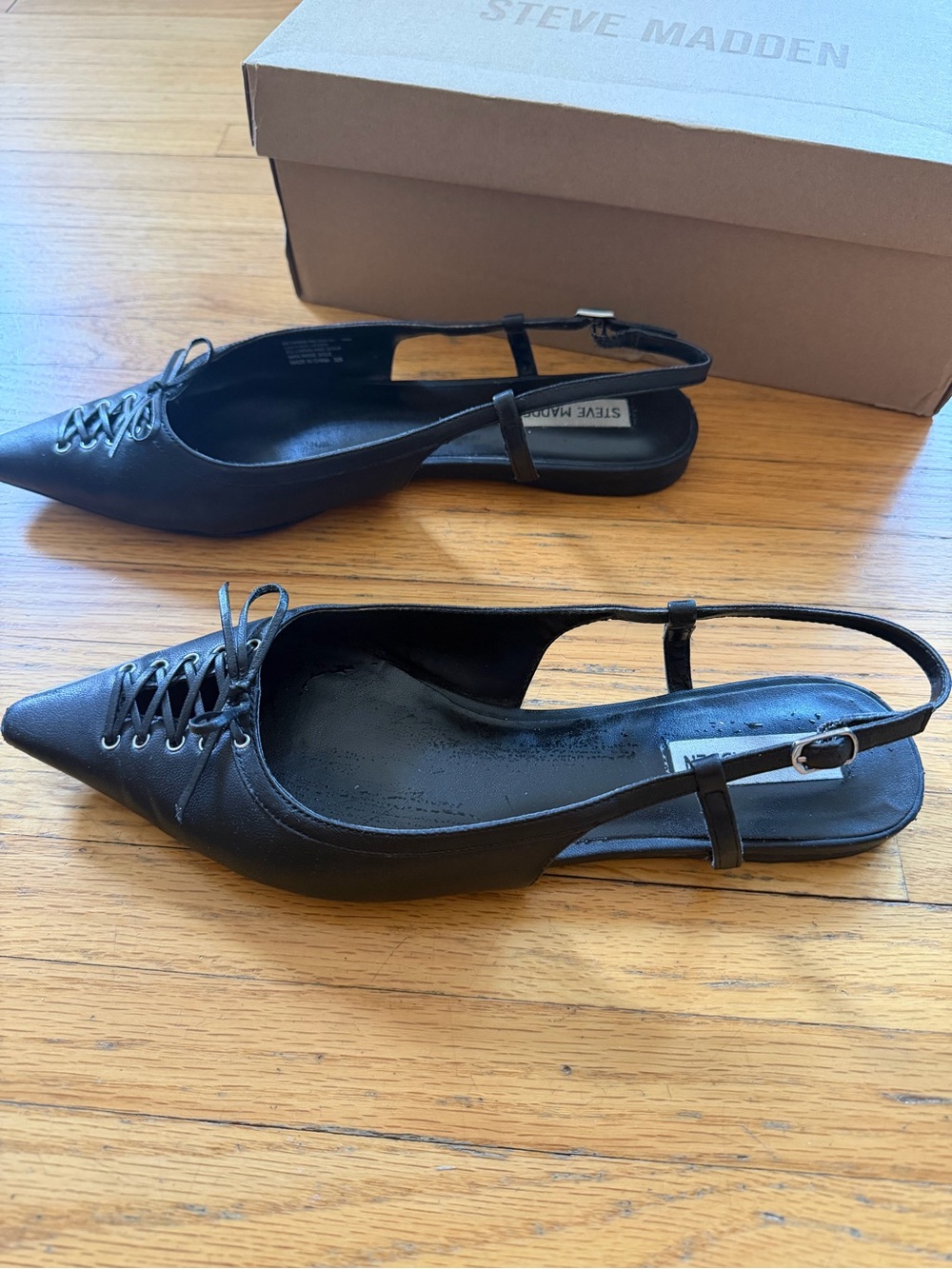 Steve Madden Black Pointed Lace-Up Slingback Flats